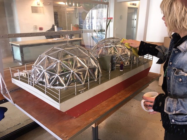 The Bio-Remediation Barge model built by Jay Baldwin is on display at City CoHo, 2401 Walnut Street, in Philadelphia. Bio-Remediation Barge
